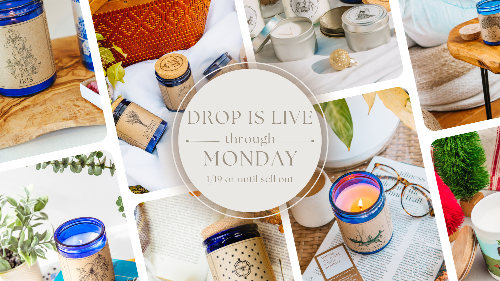 Collage of candles and home decor items with a 'Drop is Live' text overlay.